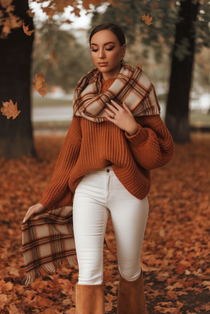 Rust Sweater and Plaid Scarf with White Jeans