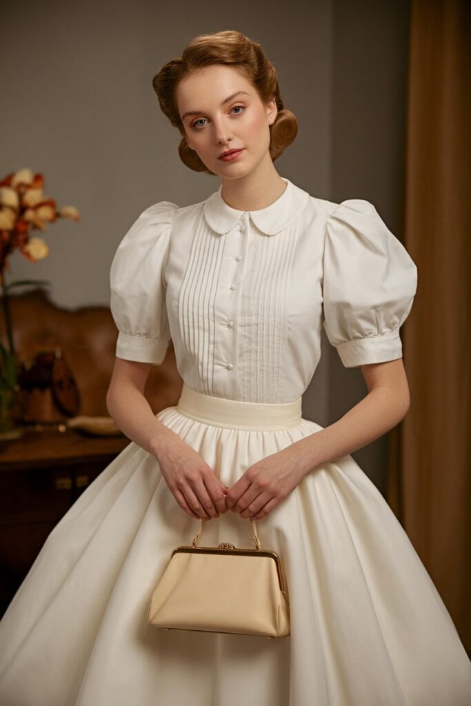 Vintage-Inspired Puff Sleeve Blouse with Full Skirt