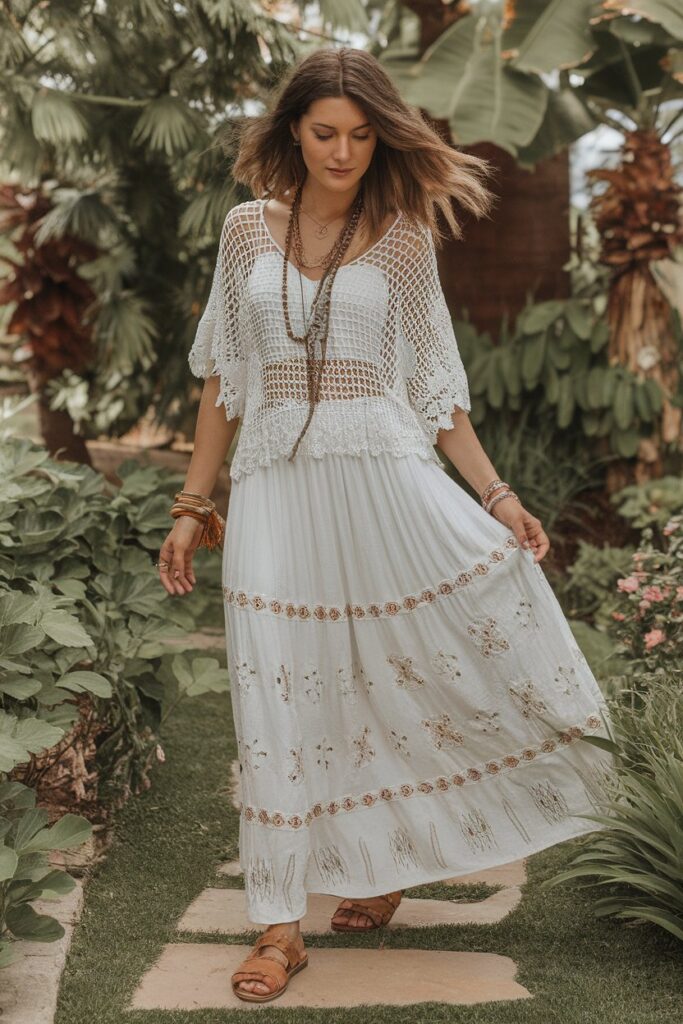 Bohemian Crochet Top with Embroidered Maxi Skirt