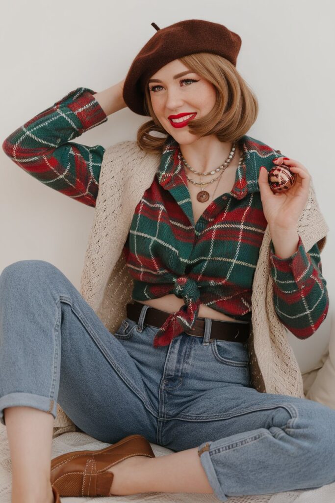 Festive Plaid Shirt with Relaxed Denim