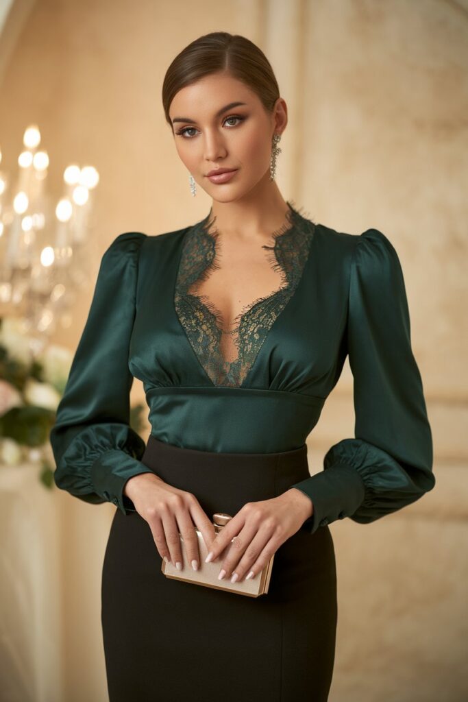 Elegant Green Satin Top With Lace Details