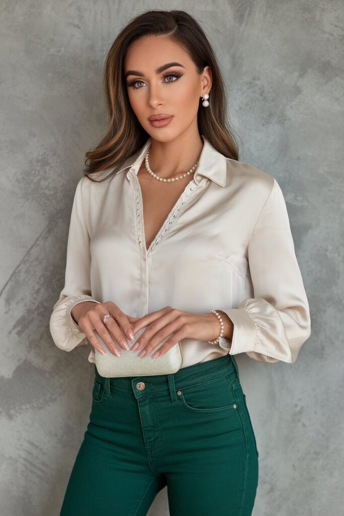 Sophisticated Satin Blouse with Green Jeans