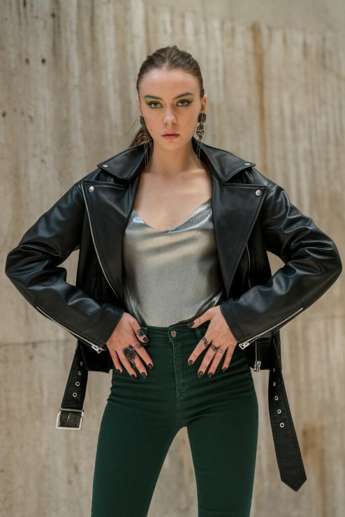 Edgy Leather Jacket with Metallic Top and Green Jean