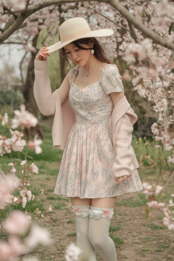 Romantic Floral Dress with Pastel Accessories