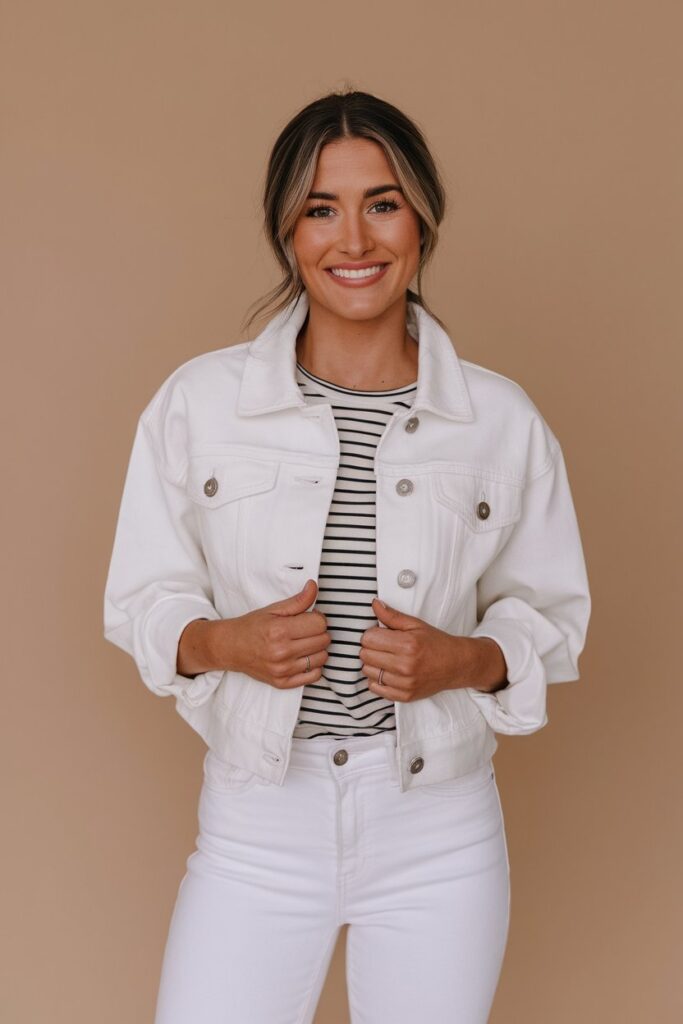 A Minimalist Stripe Look with a White Jeans Jacket