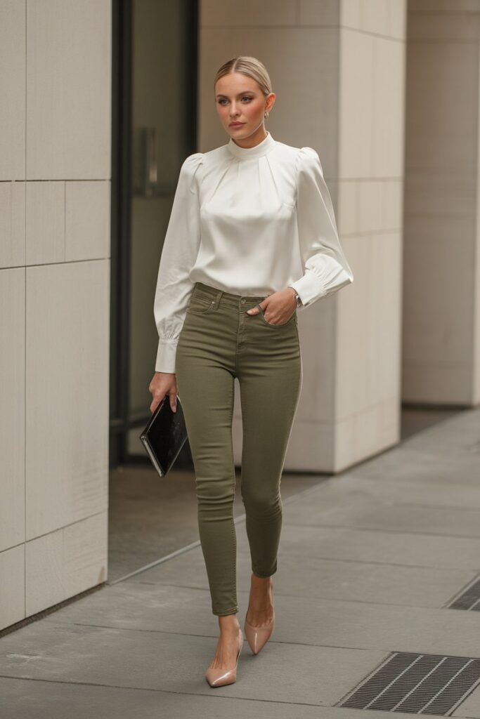 Classic High-Neck Blouse with Olive Green Jeans