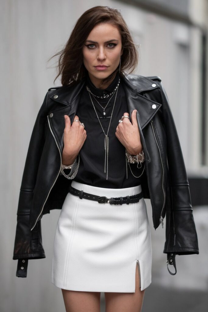 Edgy Black Leather Jacket with White Mini Skirt