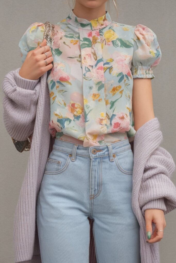 Feminine Florals with Light Blue Jeans