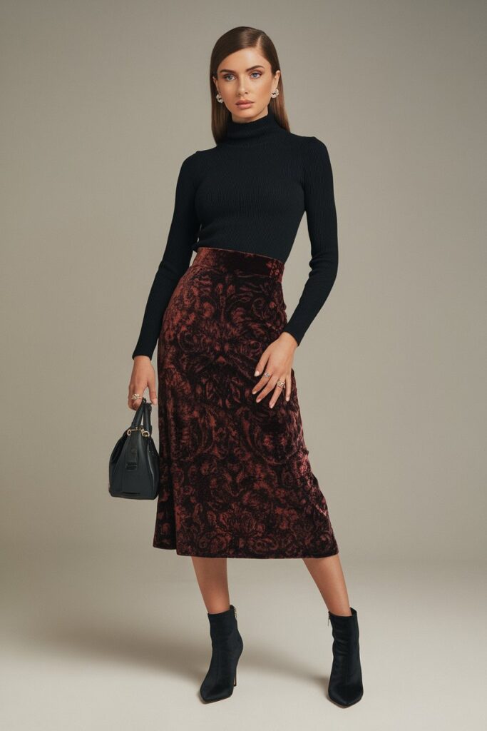 Velvet Midi Skirt with Black Turtleneck