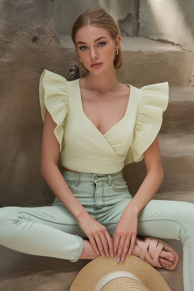 Ruffled Crop Top and Pastel Green Denim