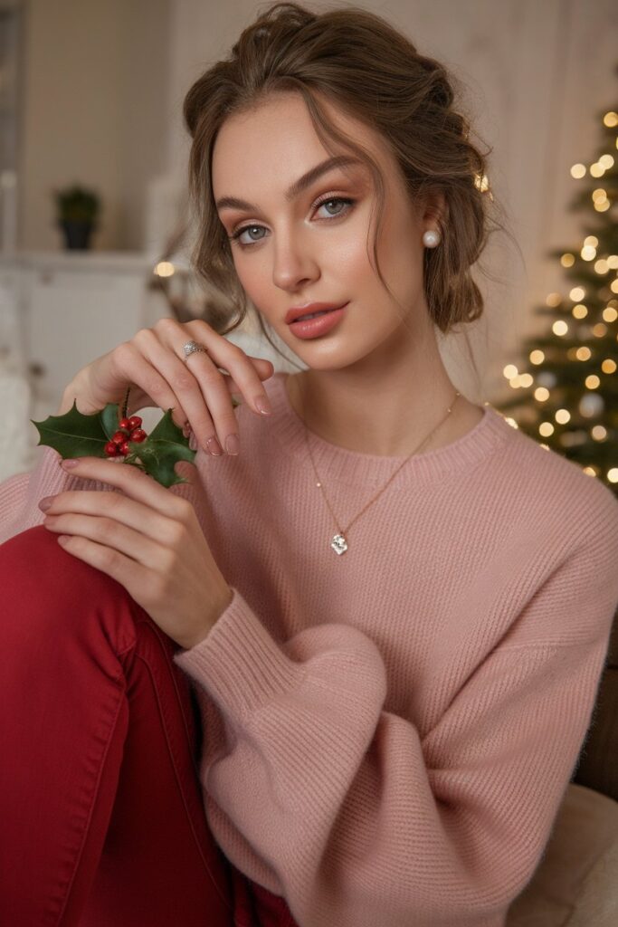 Soft Pink Sweater with Festive Red Pants