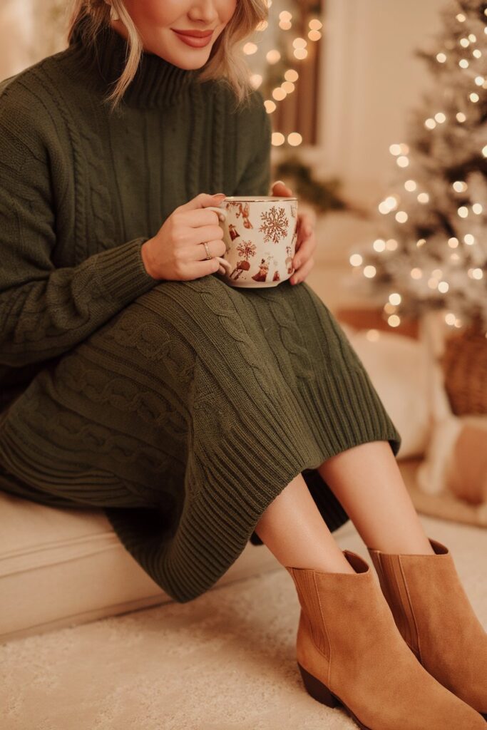 Cozy Cable Knit Dress With Suede Ankle Boots