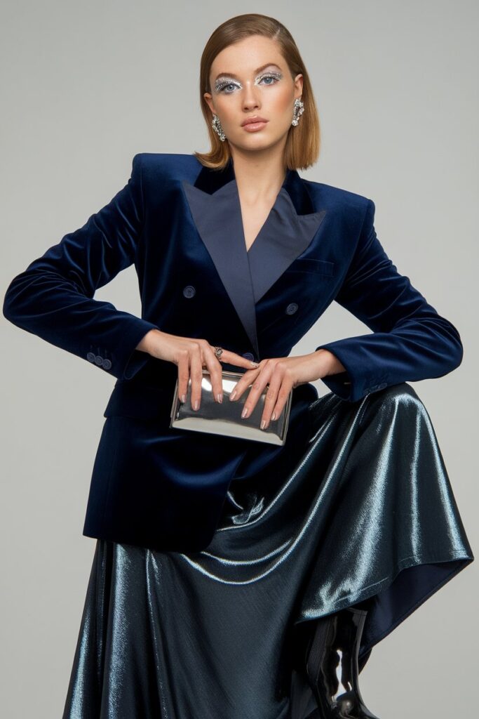 Navy Velvet Blazer with Metallic Skirt