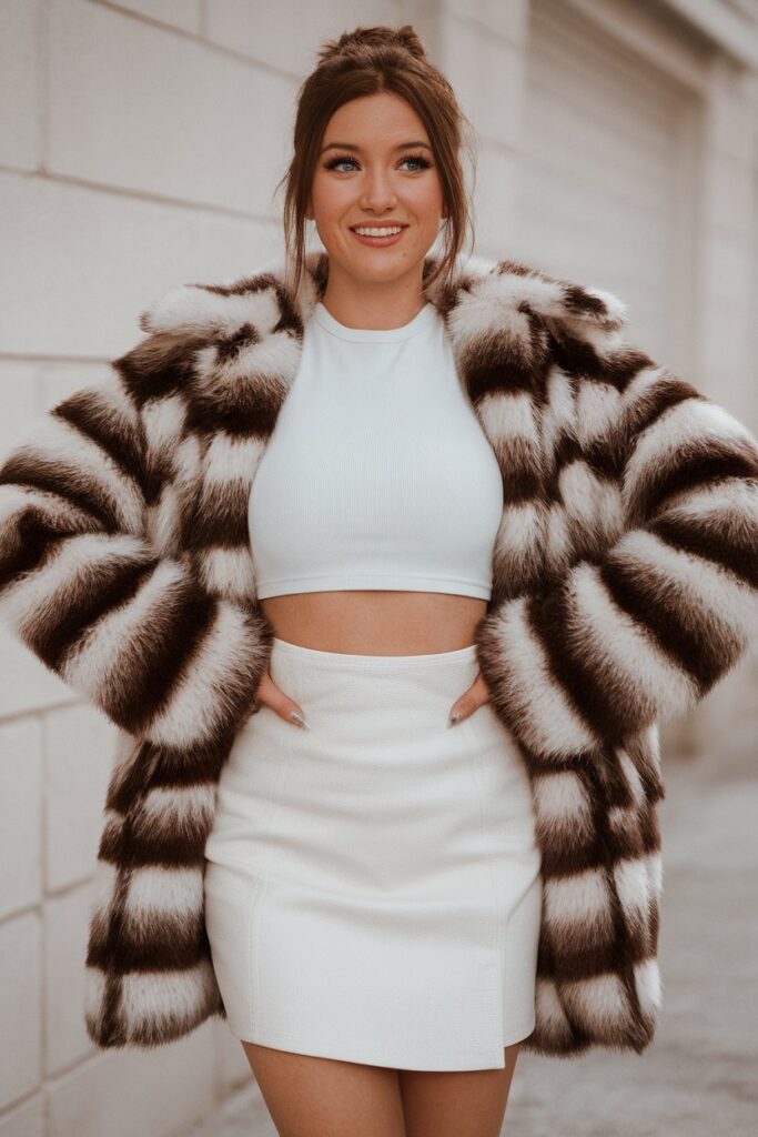 Statement Fur Coat with White Crop Top and Skirt