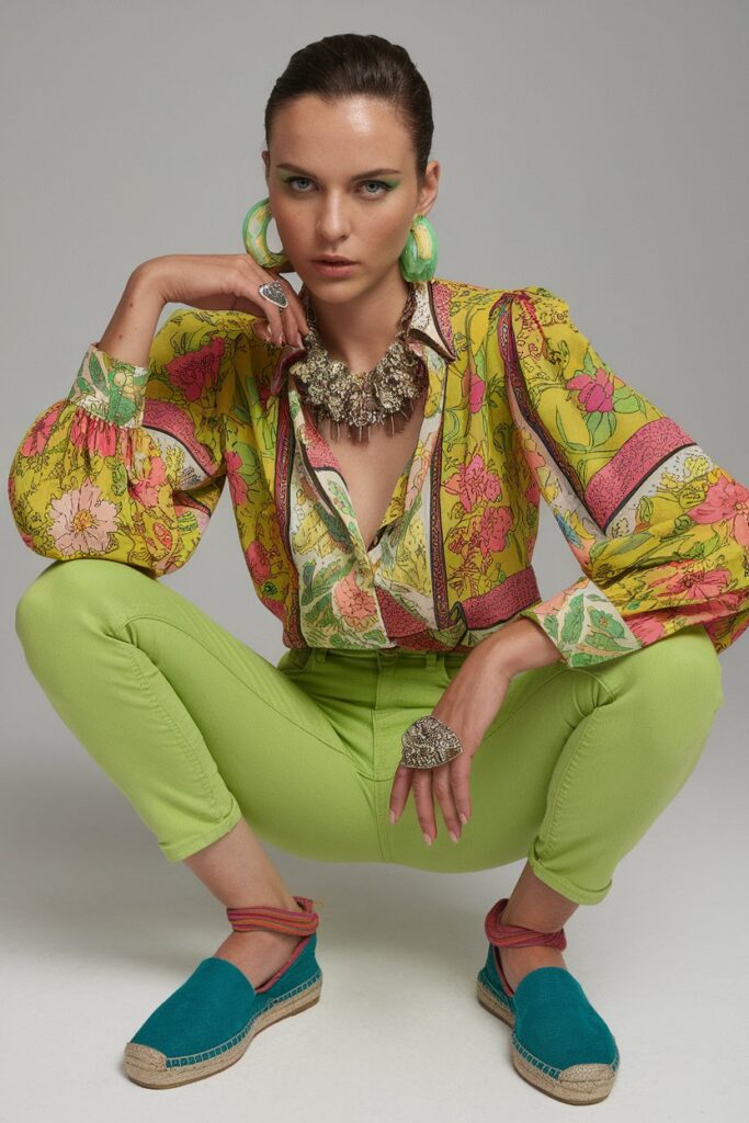 Vibrant Floral Shirt with Lime Trousers