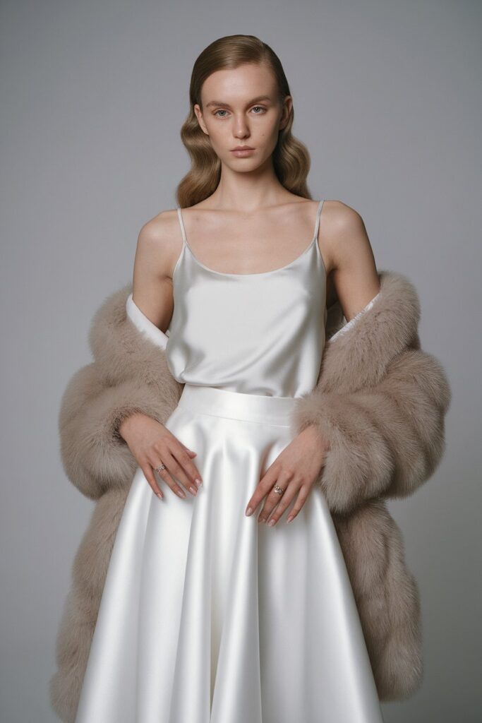 Luxurious Satin Slip Dress with Fur Coat