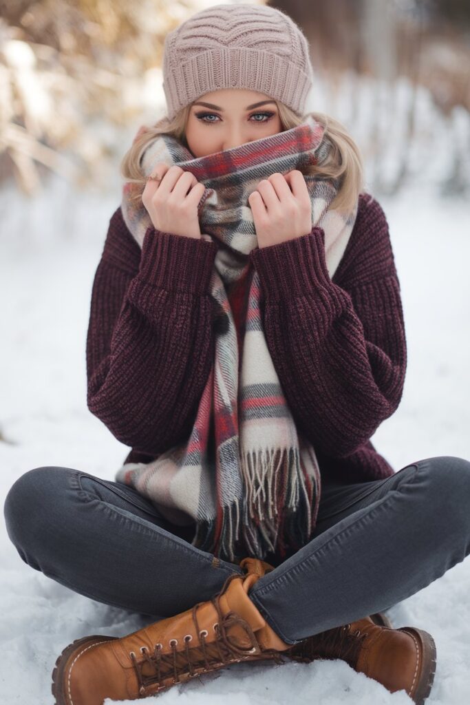 Winter Dark Grey Jeans with Knit Sweater and Scarf