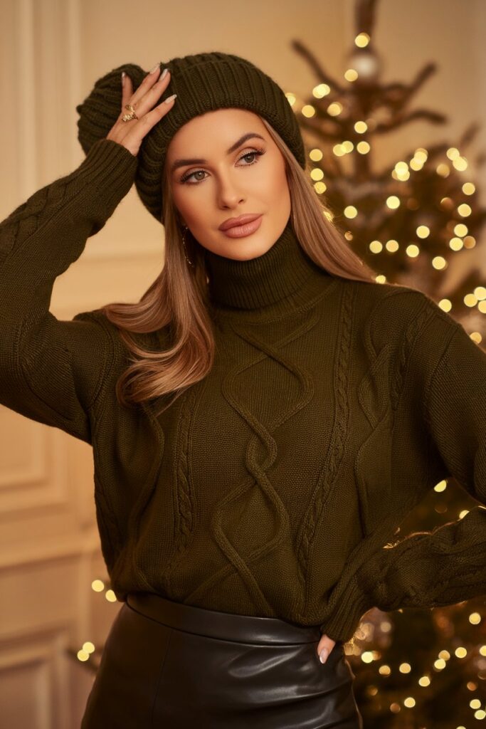 Olive Cable-Knit Sweater With Leather Skirt