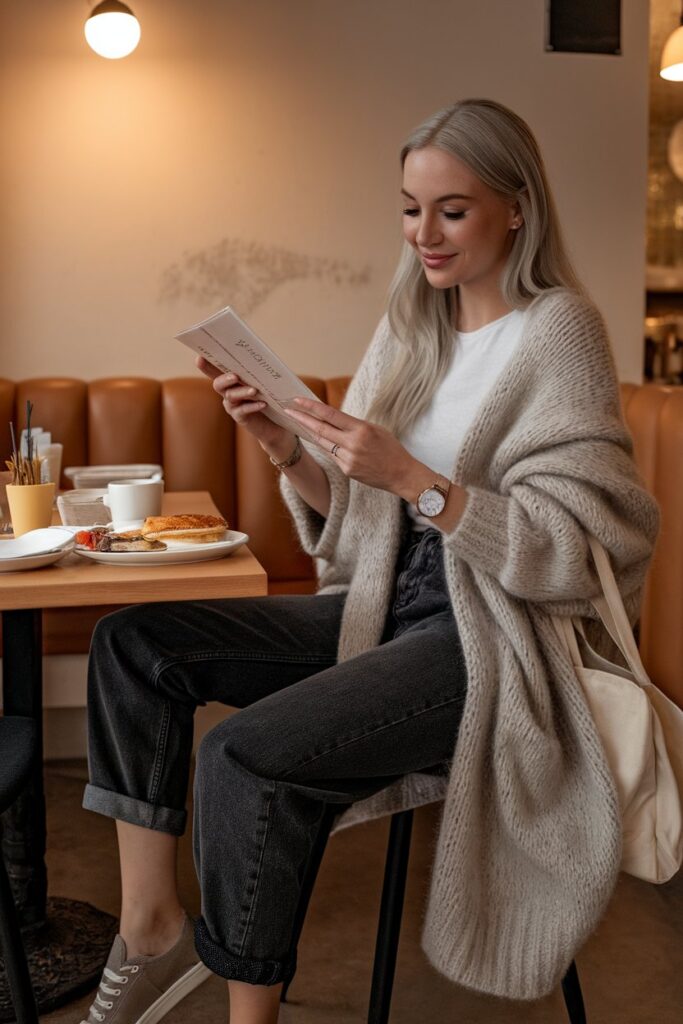 Relaxed Dark Grey Jeans with a Cozy Cardigan and Sneakers