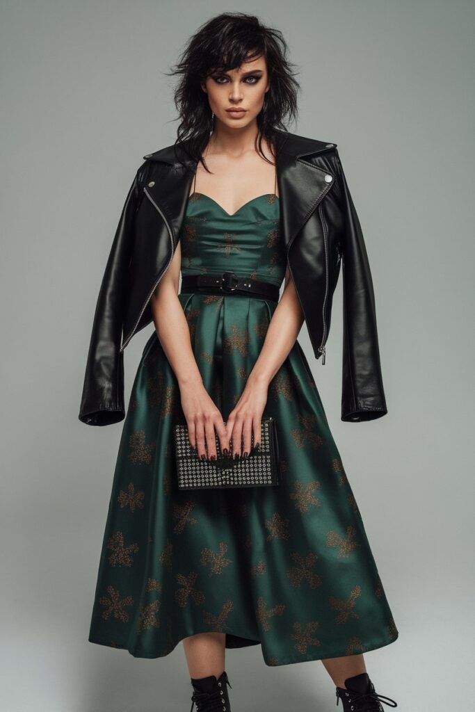 Green Strapless Dress with Leather Jacket