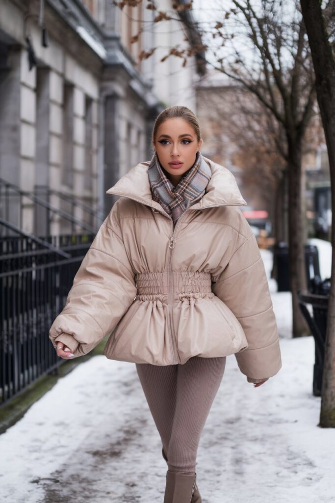 Beige Puffer Jacket With Ribbed Leggings