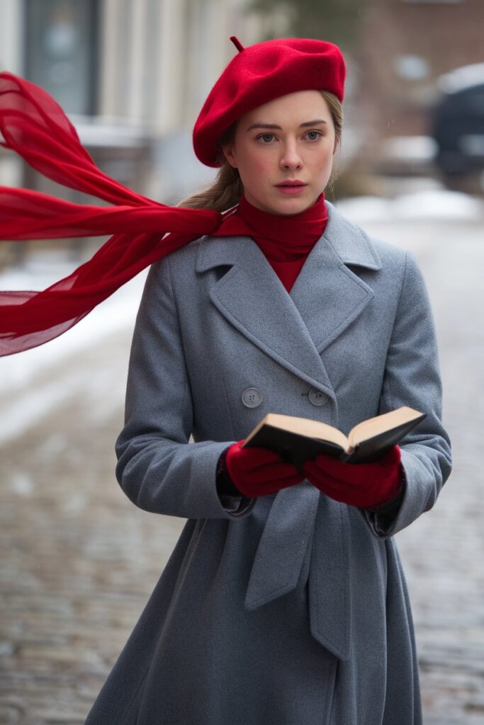 Red Scarf and Beret for a Classic Winter Look