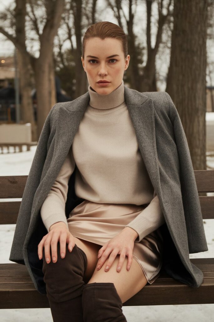 Sleek Winter Look with a Satin Mini Skirt