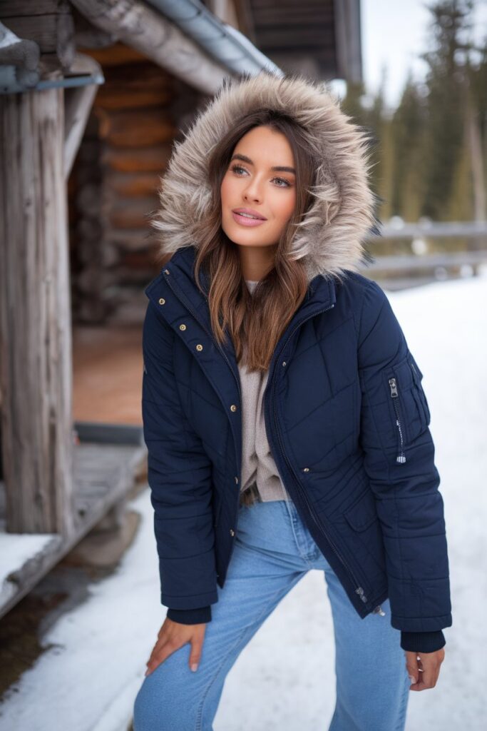 Navy Puffer Jacket With Faux Fur Hood