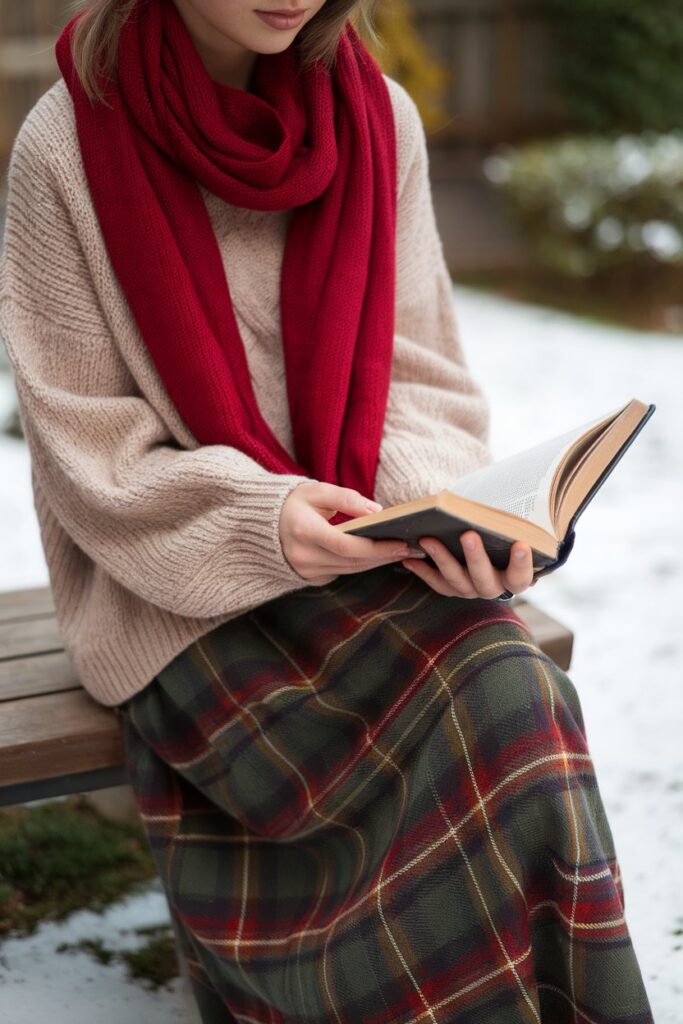 Red Scarf and Plaid Skirt for a Cozy Winter Look