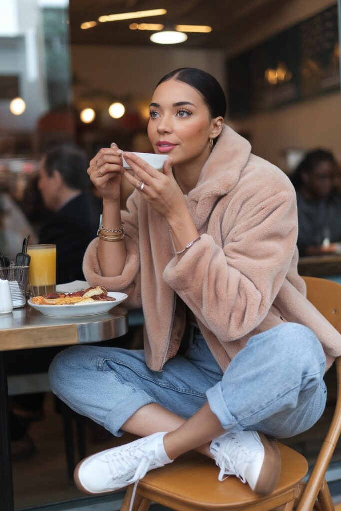 Relaxed Winter Look With a Beige Fur Jacket