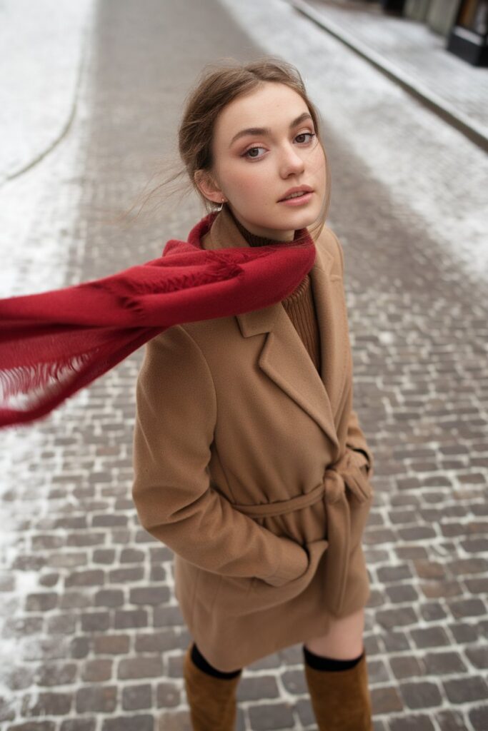 Red Scarf and Camel Coat for a Sophisticated Winter Look