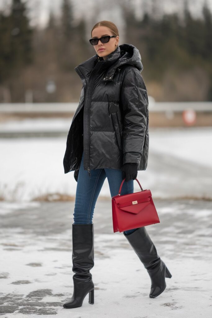 Sleek Winter Style with a Red Handbag