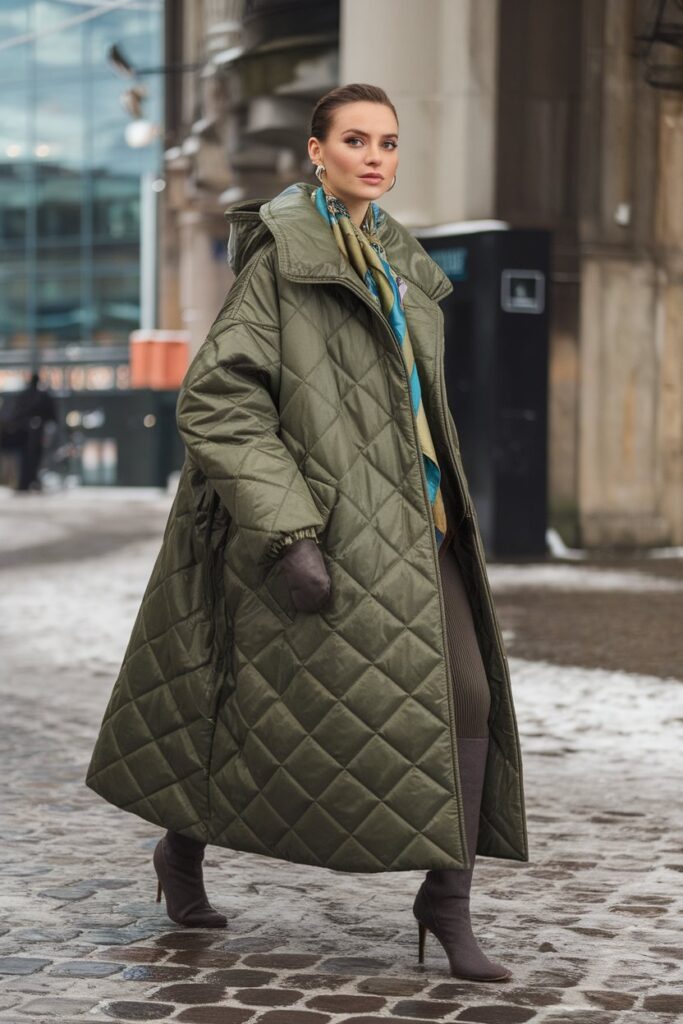 Olive Green Quilted Coat With Knit Dress