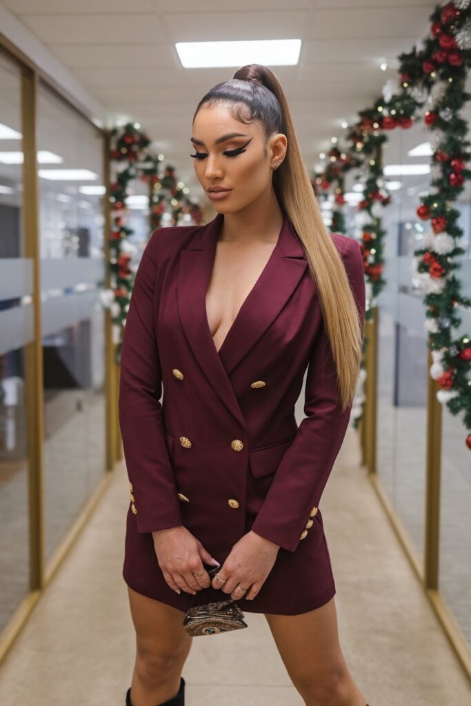 Burgundy Blazer Dress with Gold Buttons