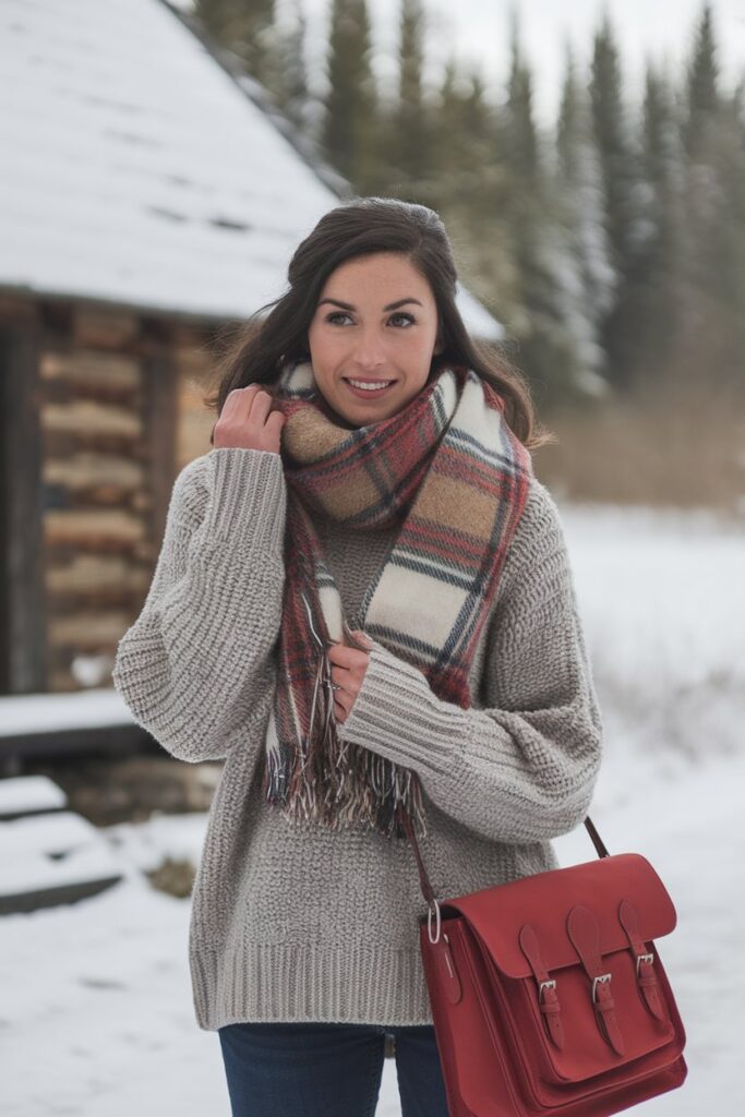 Cozy Winter Layers with a Red Satchel