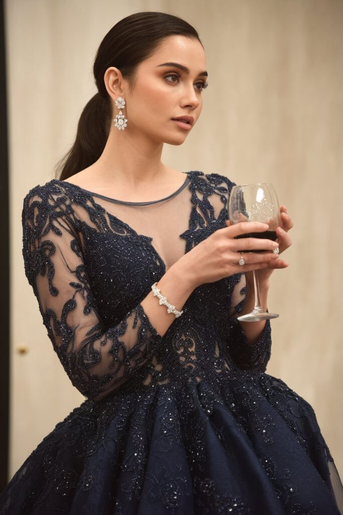 Dazzle in a Navy Embroidered Gown