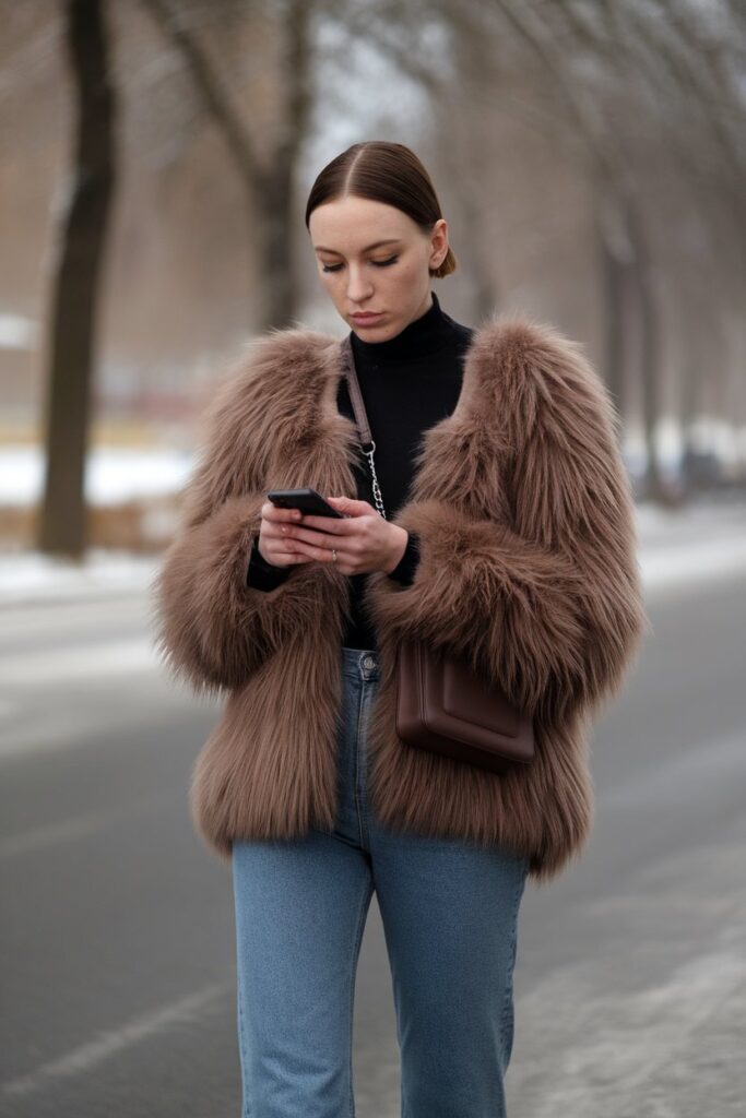 Modern Winter Look With a Brown Fur Coat