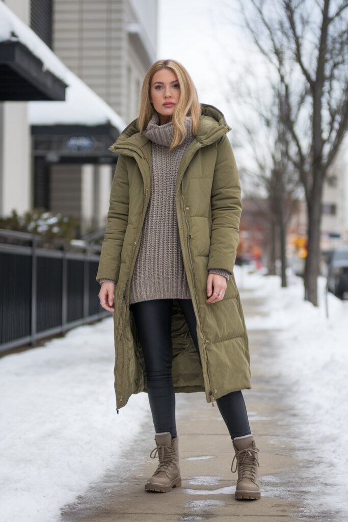 Long Olive Puffer Coat With Knit Sweater