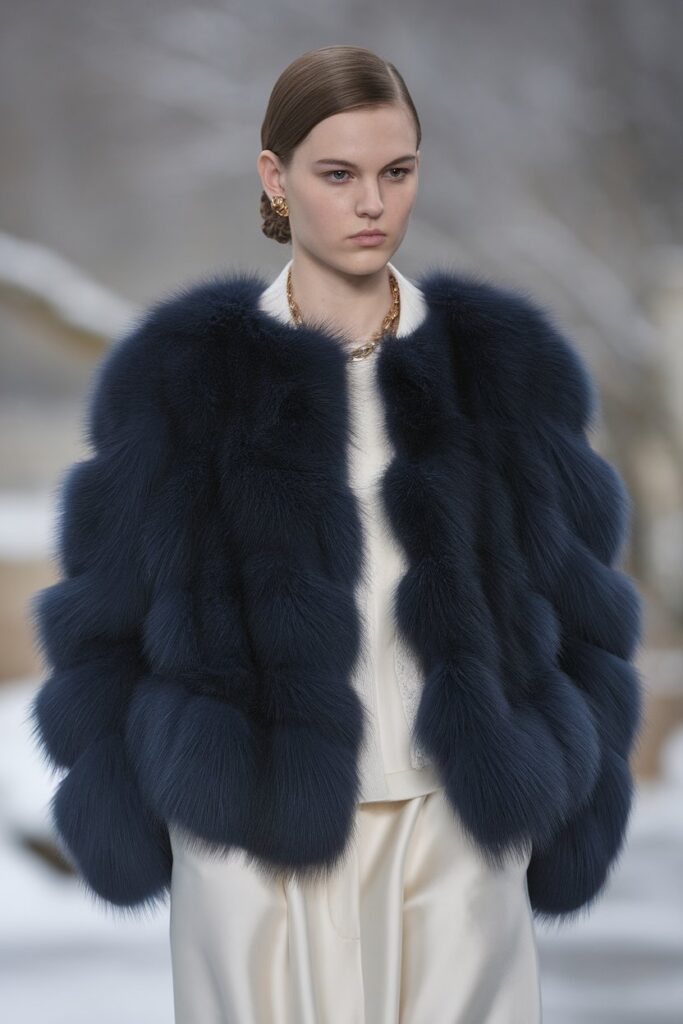 Elegant Winter Look With a Navy Fur Jacket