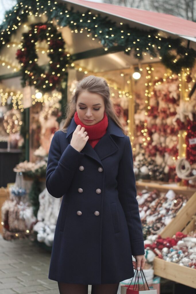 Red Scarf and Navy Coat for a Festive Winter Market Look