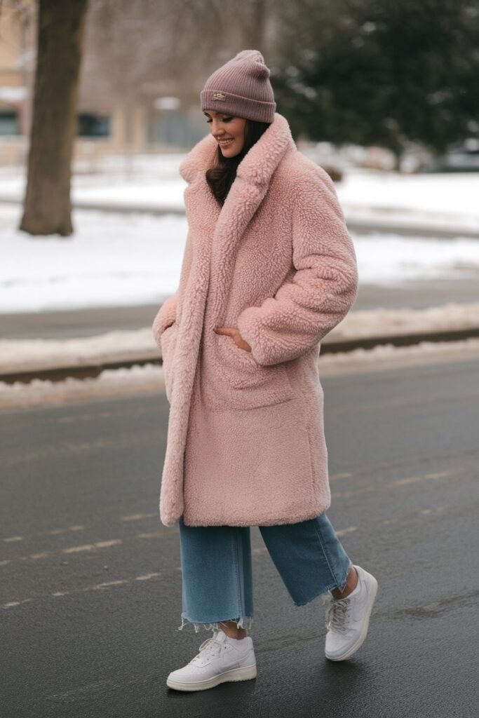 Casual Winter Look With a Pink Teddy Coat