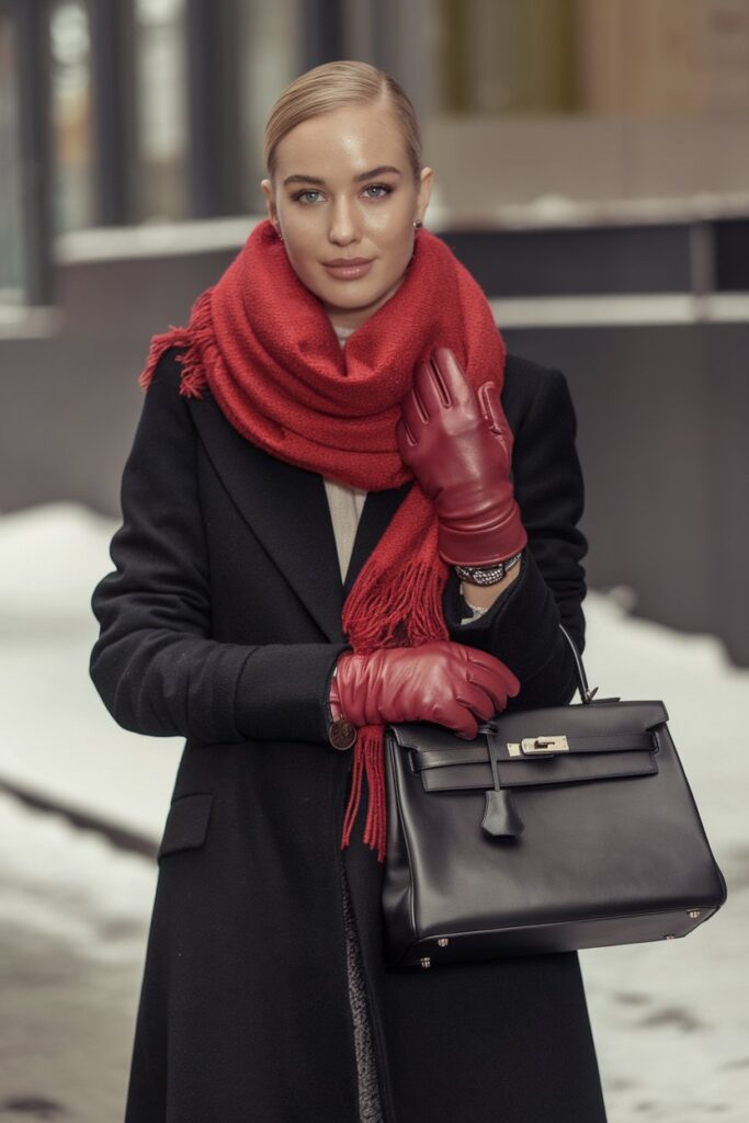 Red Scarf and Black Coat for a Refined Winter Look