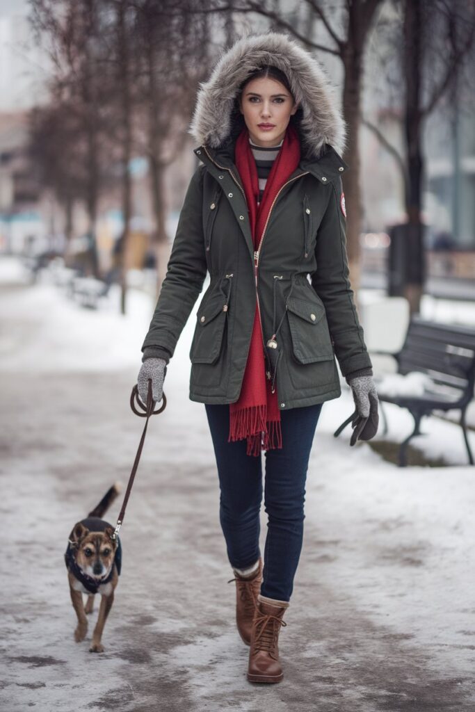 Red Scarf and Parka for a Cozy Winter Walk