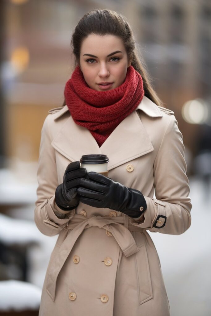 Red Scarf and Trench Coat for a Polished Winter Look