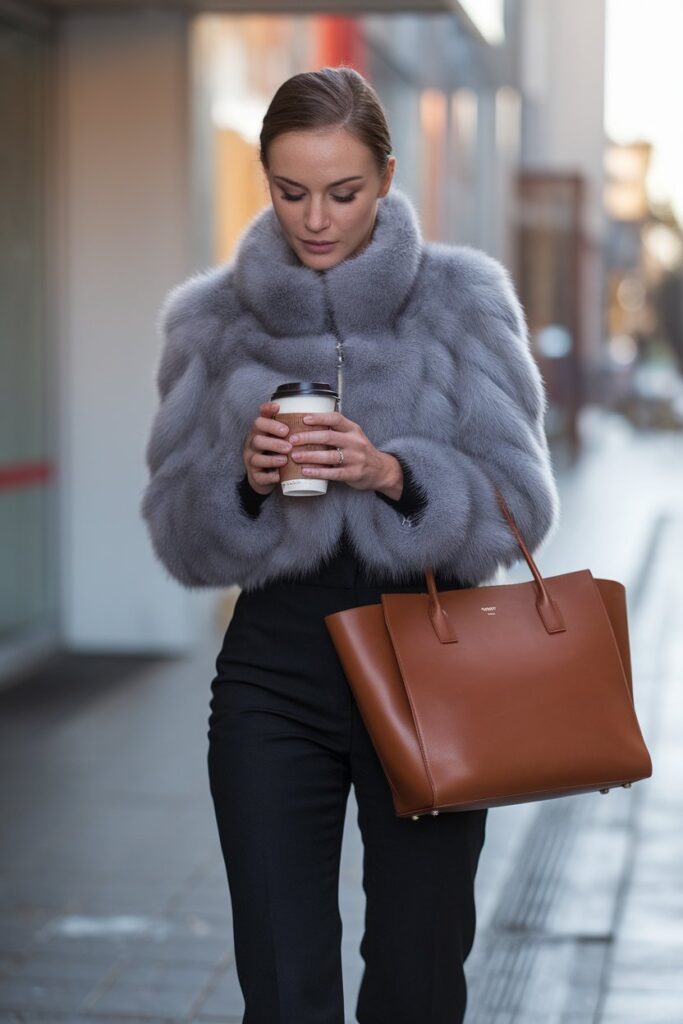 Polished Winter Look With a Gray Fur Jacket