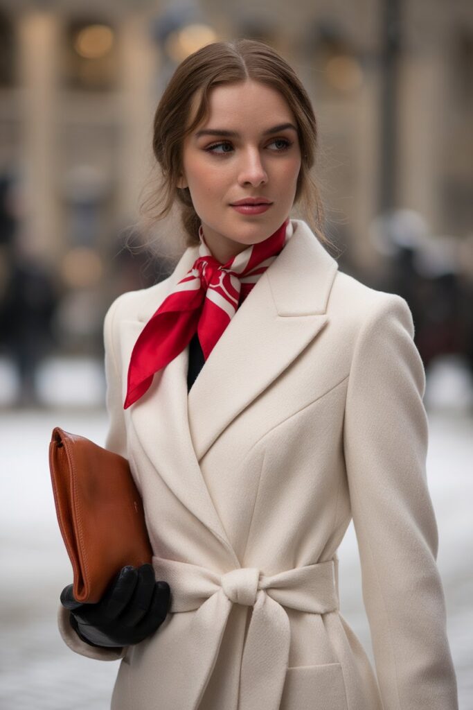 Red Scarf and White Coat for a Sophisticated Winter Look