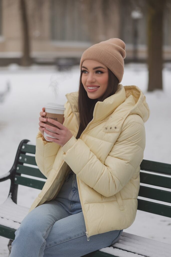 Yellow Puffer Jacket With Light Wash Jeans