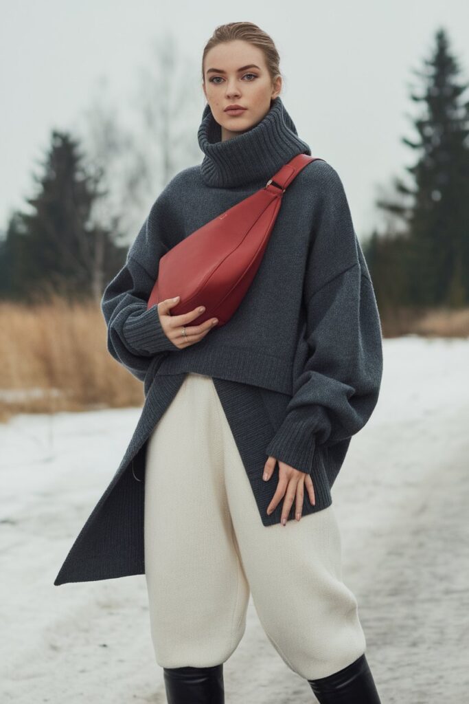 Cozy Winter Layers with a Red Shoulder Bag