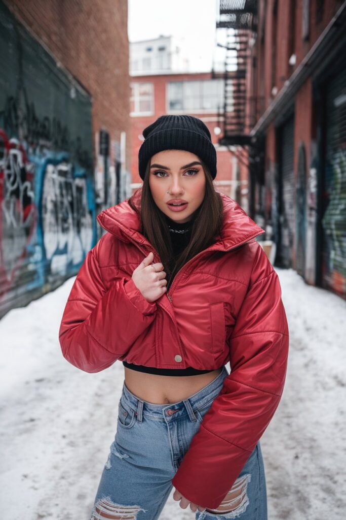 Red Cropped Puffer Jacket With Ripped Jeans