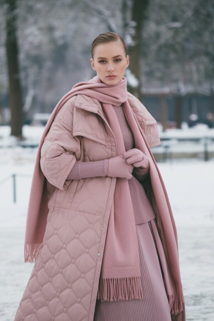 Blush Pink Quilted Coat With Matching Knitwear